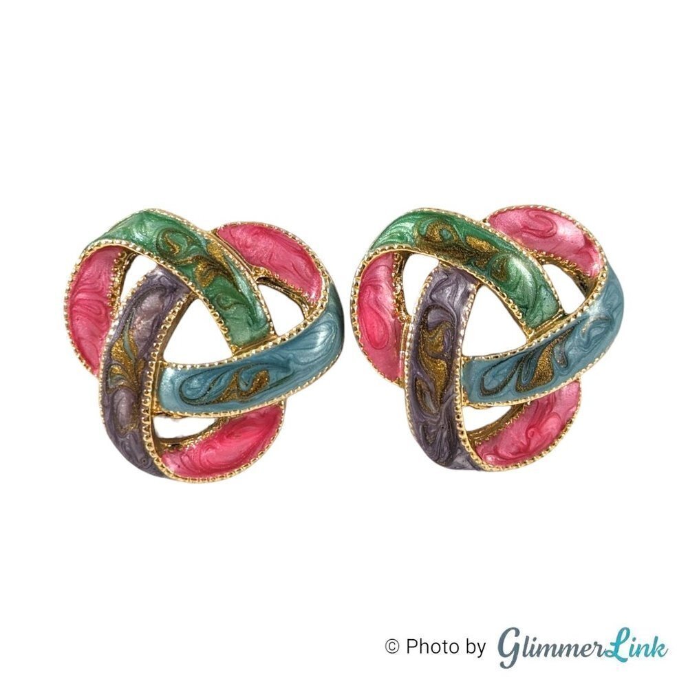 Vintage 1980s Colorful Enamel Knot Gold Tone Pierced Earrings